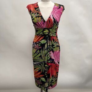 Joseph Ribkoff Women's Dress Size 8 Black Red Green Pink Floral Leaves